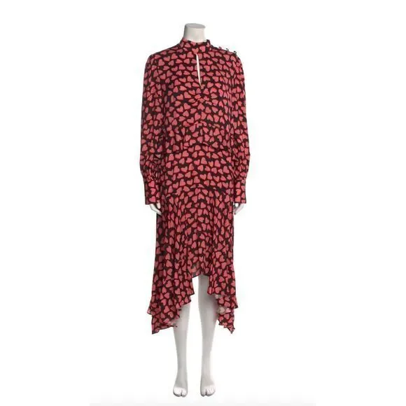 Rebecca Vallance Hotel Beau Frill Midi Dress Heart Print Long Sleeve Pink Size 4